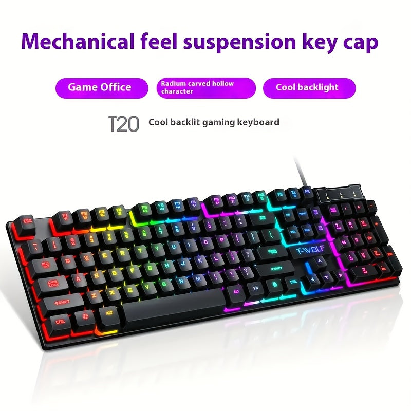 Teclado mecánico para juegos con cable, retroiluminado, ergonómico, negro, con LED para oficina y juegos