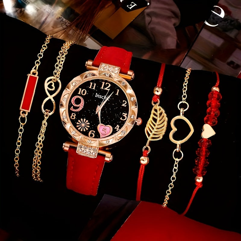 6 ta ayollar uchun rhinestone yurak quartz soatlari to'plami, charm bilaguzuklar va bilakuzuklar bilan