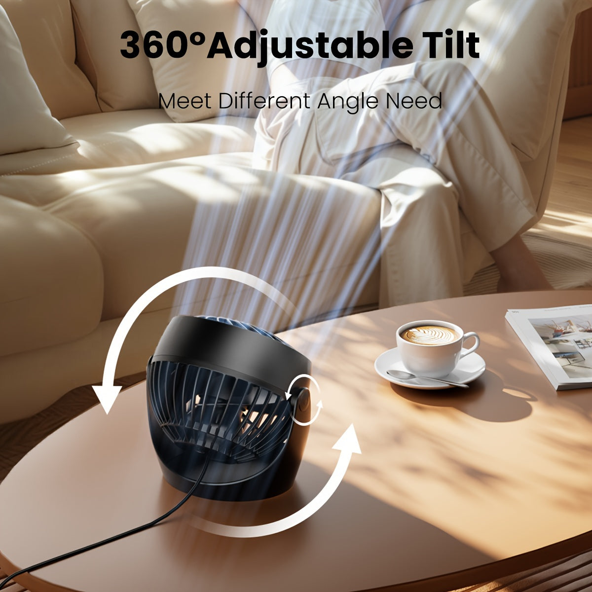 Table Fan for Bedroom Office Kitchen 360° Adjustable Tilt Quiet 3-Speed