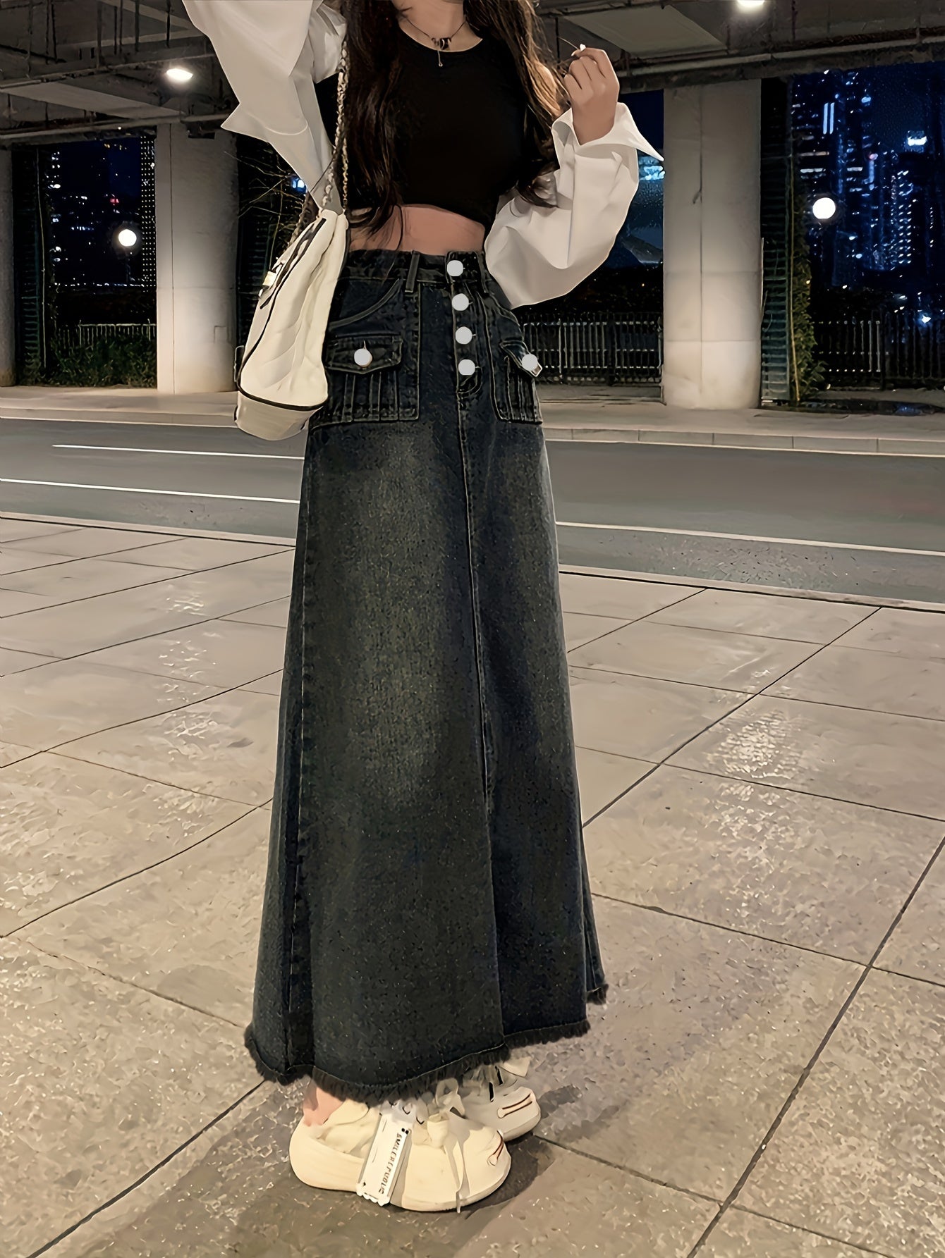 Women Denim Midi Skirt High-Waist Button Frayed Hem Casual Spring Summer Fall