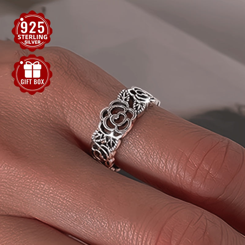 Sterling Silver Ring with Hollow Rose Flower Ethnic Design for Ladies