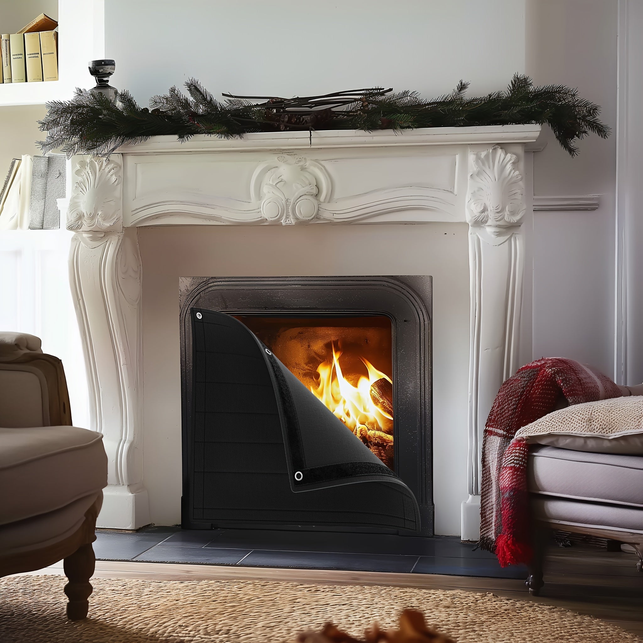 Black Fireplace Cover Indoor Use Flame Retardant Oxford Fabric Heat Loss Prevention