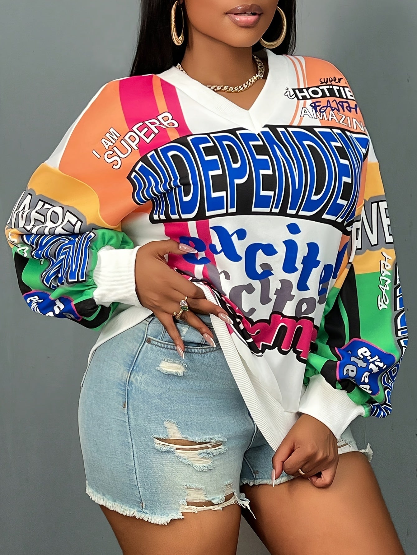 Women's Plus Size Graphic Sweatshirt V-Neck Casual Fall Winter Light Stretch