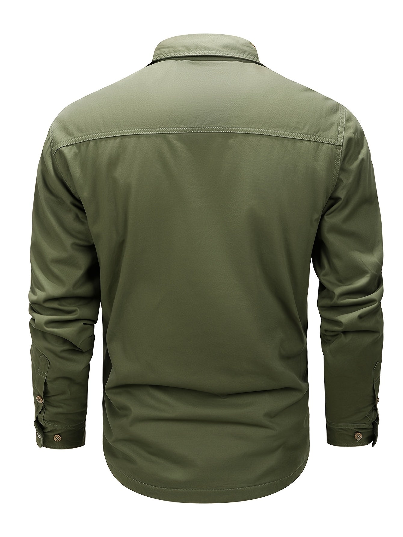 Men's Military Green Long-Sleeve Casual Shirt with Cargo Pockets Cotton Outdoor Workwear