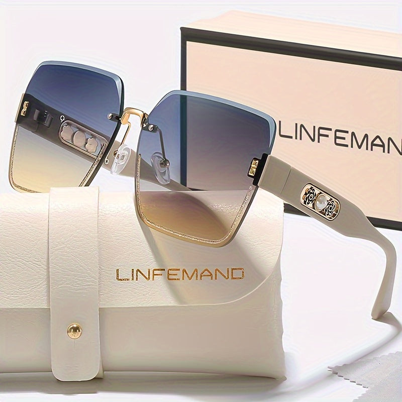 Frameless Gradient Fashion Eyeglasses with Pearl Flower Decoration for Men Women PC Lens Plastic Frame