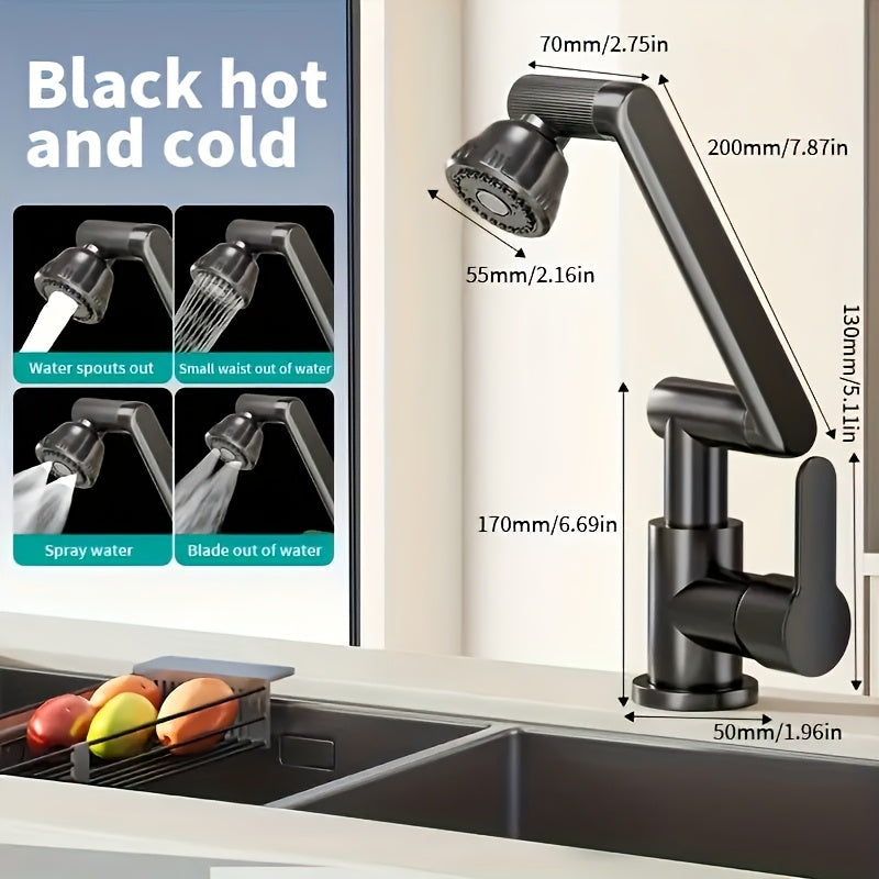 Black Bathroom Faucet with Hot and Cold Water, Four Spout Modes, Mechanical Arm