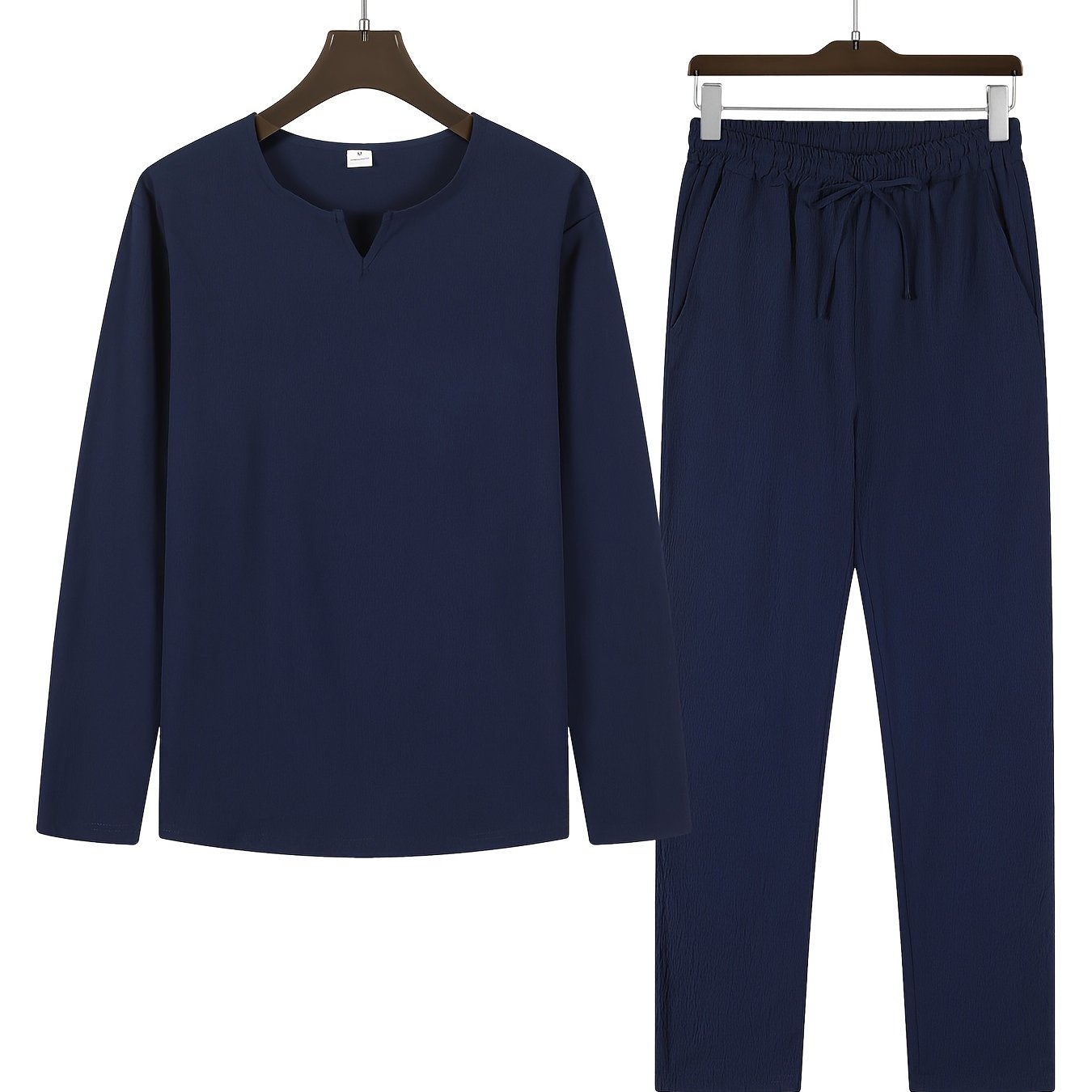 Traje de verano para hombre de poliéster con cuello en V de dos piezas, con pantalones de manga larga de color sólido