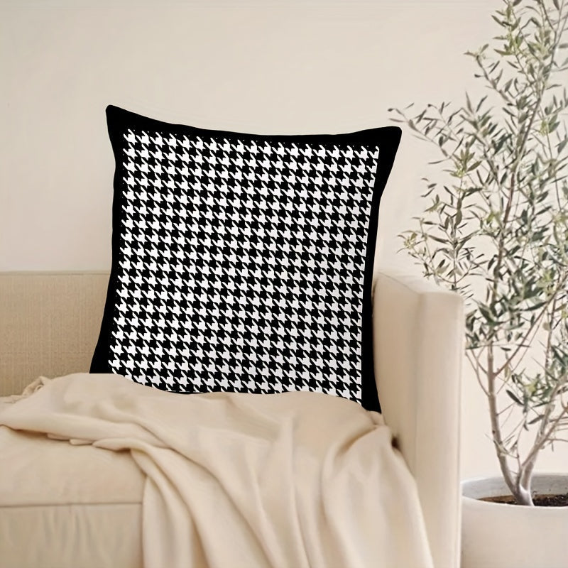 Reversible Contemporary Houndstooth Throw Pillow Cover 45cm Black and White Woven Polyester
