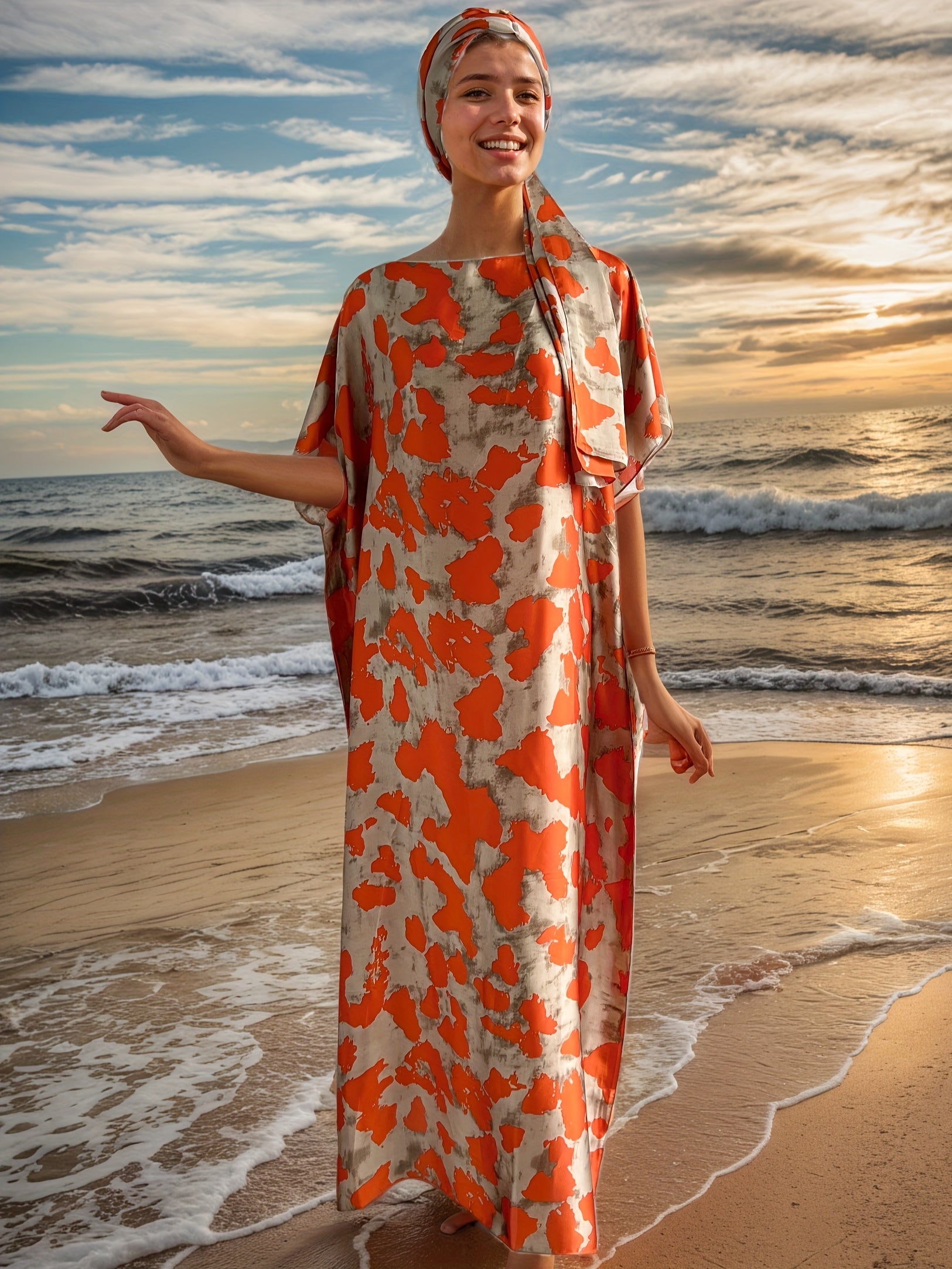 Ayollar uchun katta o'lchamli gullik bosma maxi kiyim va sharf, apelsin rangli nuqta bilan