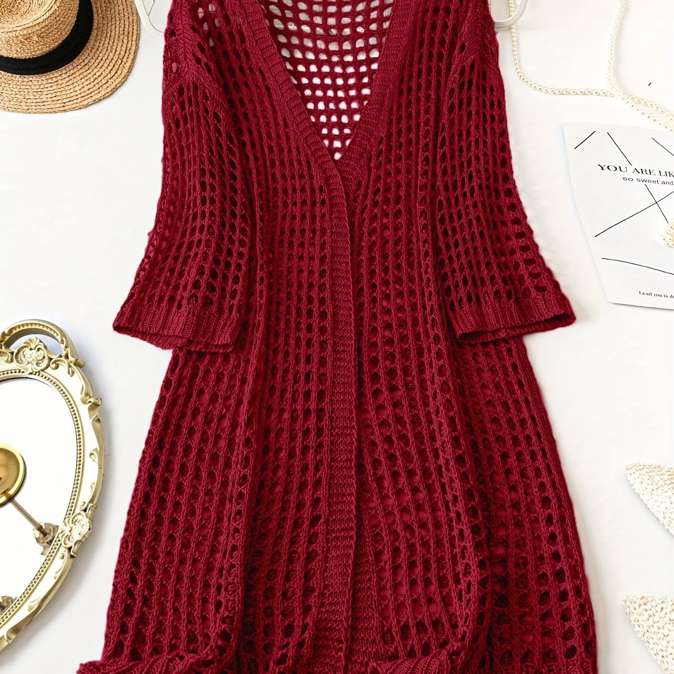 Women Plus Size V-Neck Cardigan Acrylic Hollow Knit Solid Spring Summer