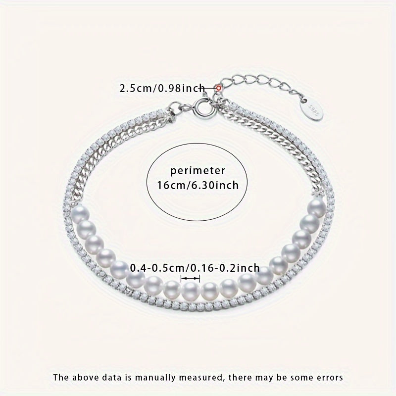 Pulsera elegante de doble hilo con perlas de agua dulce y zirconia, plata de ley, piedra de nacimiento de junio