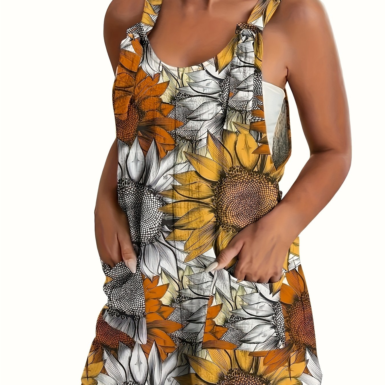 Women's Plus Size Sunflower Print Sleeveless Wide-Leg Jumpsuit with Pockets