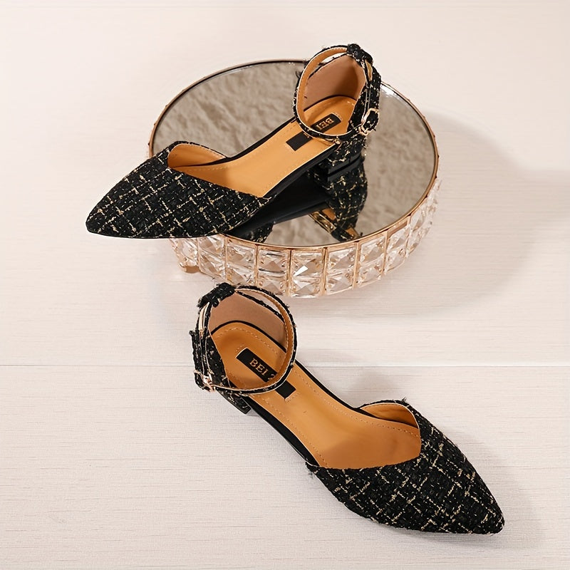 Women's Sandals Woolen Block Heel Ankle Strap Point Toe Dress Shoes