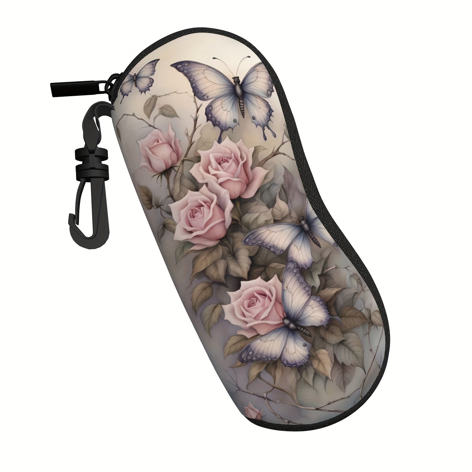 Women's Glasses Case with Flowers and Butterflies Portable Rubber Zipper Cover