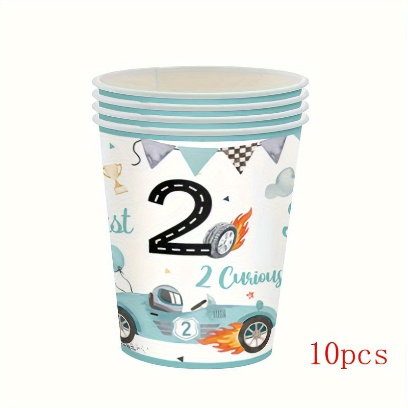 Set of 10 Birthday Party Plates Cups Napkins Paper Dinnerware Blue Race Car Checkered Flag for 2nd Birthdays Tailgate Celebrations