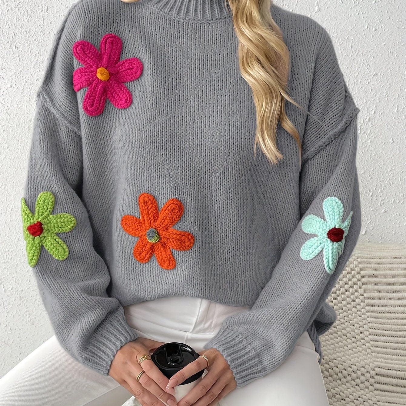 Plus Size Women's Color Block Sweater Asymmetrical Round Neck Pullover