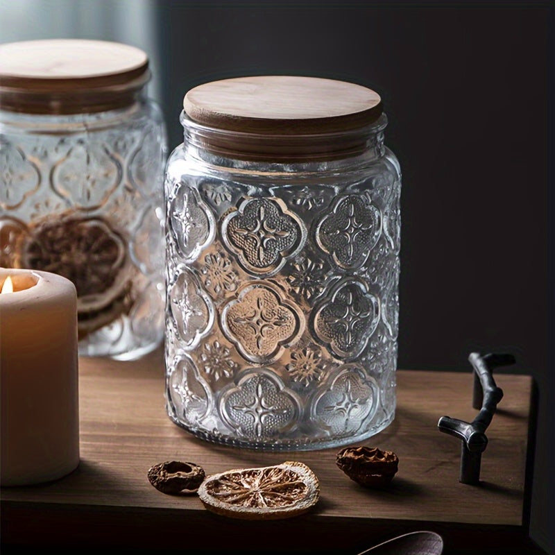 Tarro de almacenamiento de vidrio con tapa de bambú para té, café, azúcar, galletas, hermético