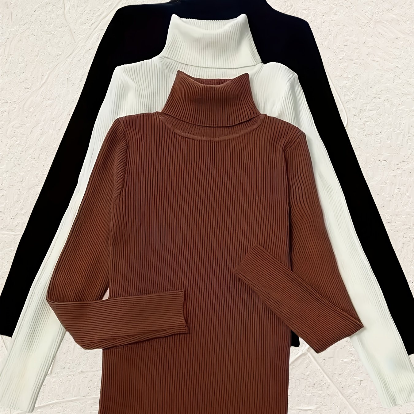 Conjunto de 3 suéteres de cuello alto de punto en color sólido para mujer otoño e invierno