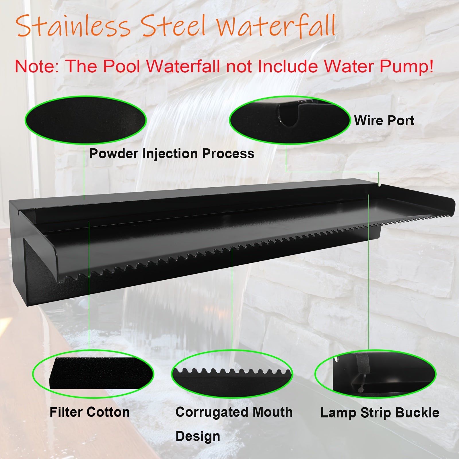 Kit de desagüe de cascada para estanque de acero inoxidable con acabado en polvo negro, manguera y accesorios