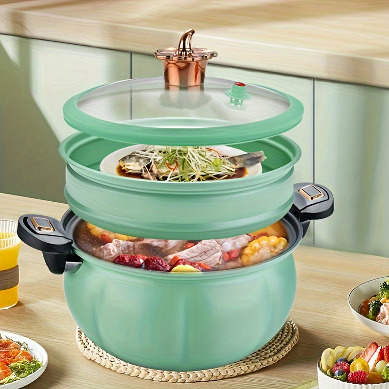 Mikro-bosimda pishiruvchi, bug'li, katta sig'imli, ikki quloqli dizayn, issiqlik izolyatsiyasi, uy oshxonasi uchun qovoq shaklidagi ko'p qatlamli pishirish qozoni