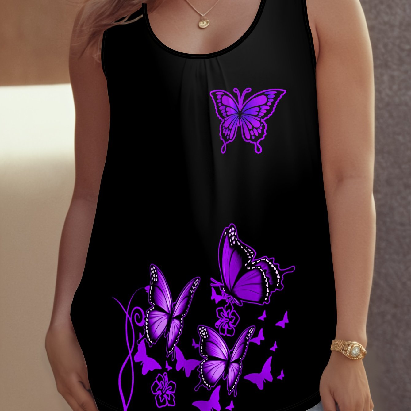Top sin mangas de talla grande para mujer, negro, con estampado de mariposas y flores en 3D, casual para verano