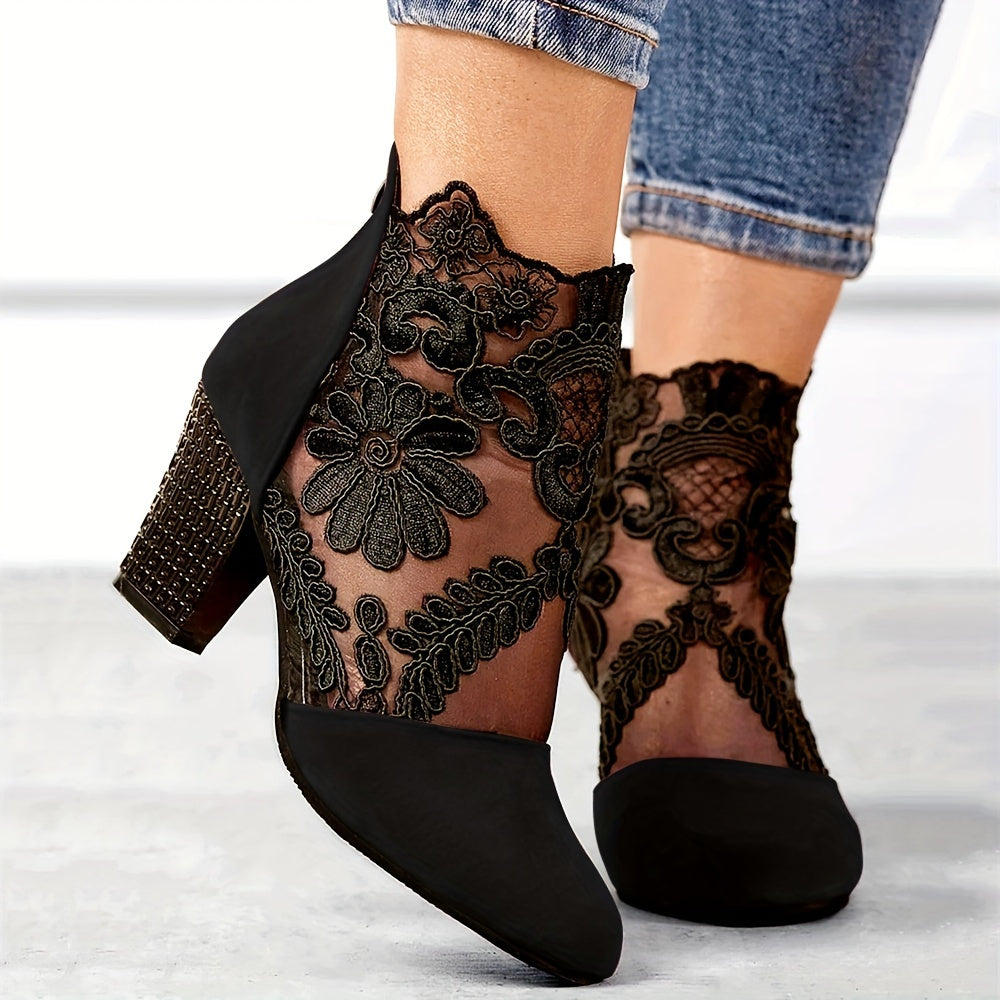 Women's Black Lace Ankle Boots with Floral Pattern, Chunky Heel, Back Zip