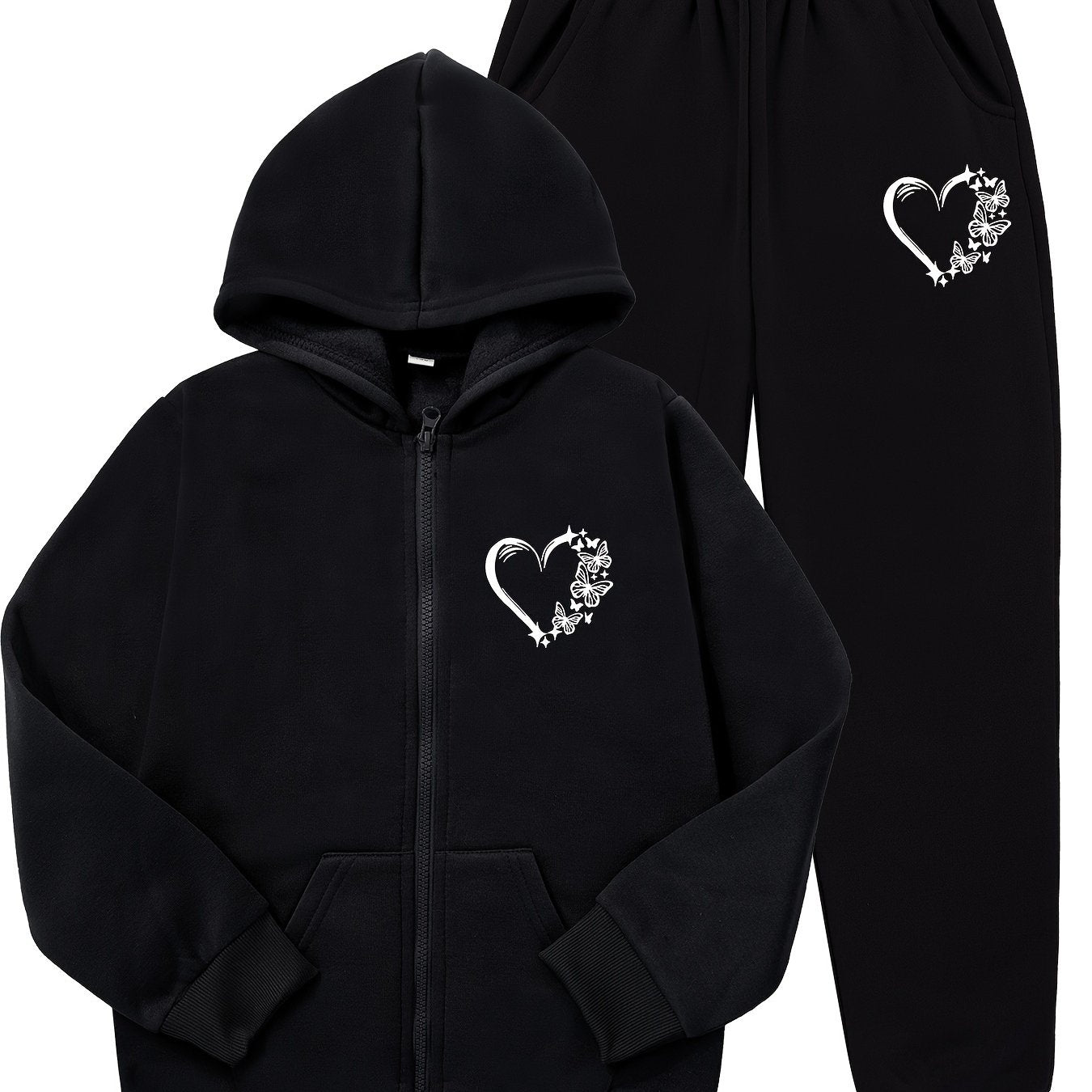 Girls' Girls' Casual Butterfly Heart Print Hooded Tracksuit Set Polyester Knit Long Sleeve Spring Fall