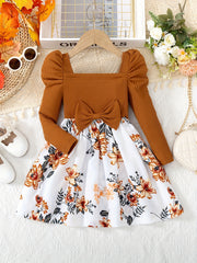 Girls Floral Print Midi Dress with Ruffle Shoulders Long Sleeves Cotton Knit All-Season