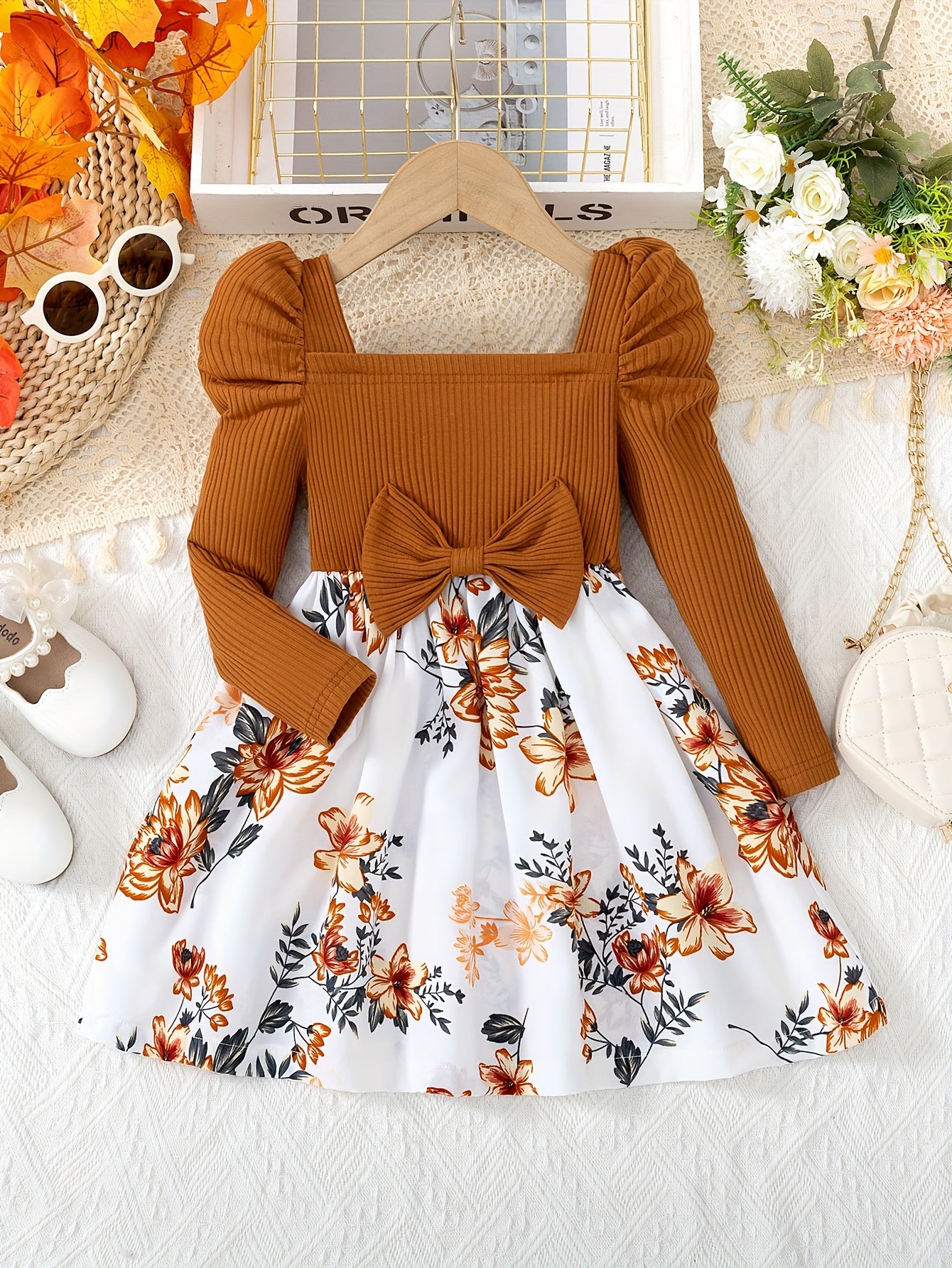 Girls Floral Print Midi Dress with Ruffle Shoulders Long Sleeves Cotton Knit All-Season