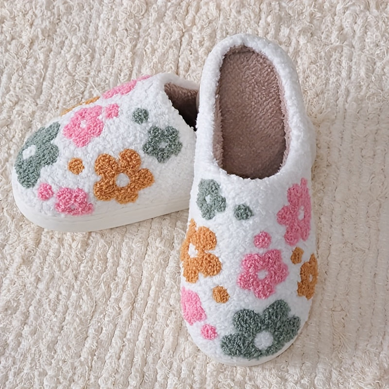 Unisex Plush Floral Slippers Warm Indoor House Shoes with Sunflower Design