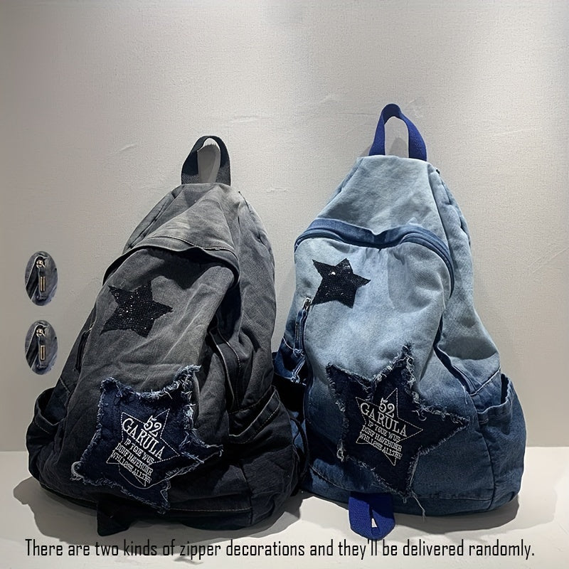 Yuvilgan Gradient Denim Elka Sumkasi, Qizil Yulduz Patch bilan, Ayollar uchun Katta Hajm