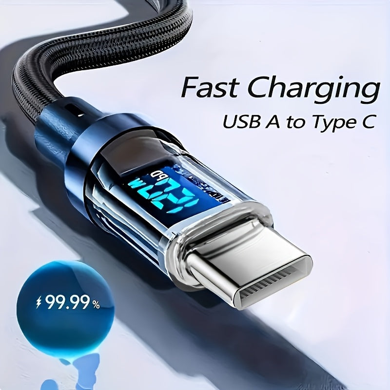 USB A to Type C Fast Charging Cable Flat Design Digital Display Compatible with Huawei Samsung Apple Vivo 50-80W
