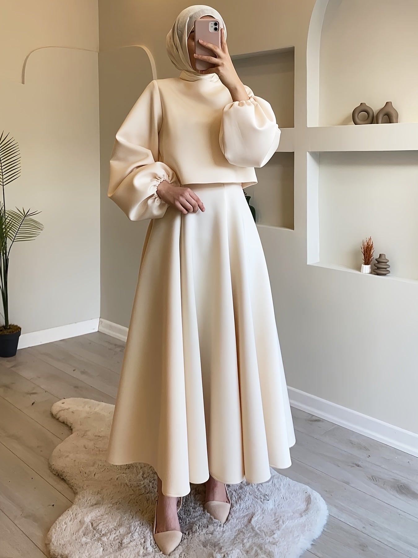 Women's Skirt Set with Lantern Sleeve Top and Draped Midi Skirt Solid Polyester All-Season