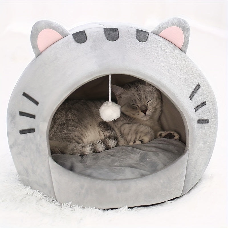 Gray Hooded Cat Bed with Pink Ears, Soft Interior, Washable Cushion