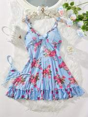 Women's Floral Print Babydoll Dress with Thong Lingerie Set