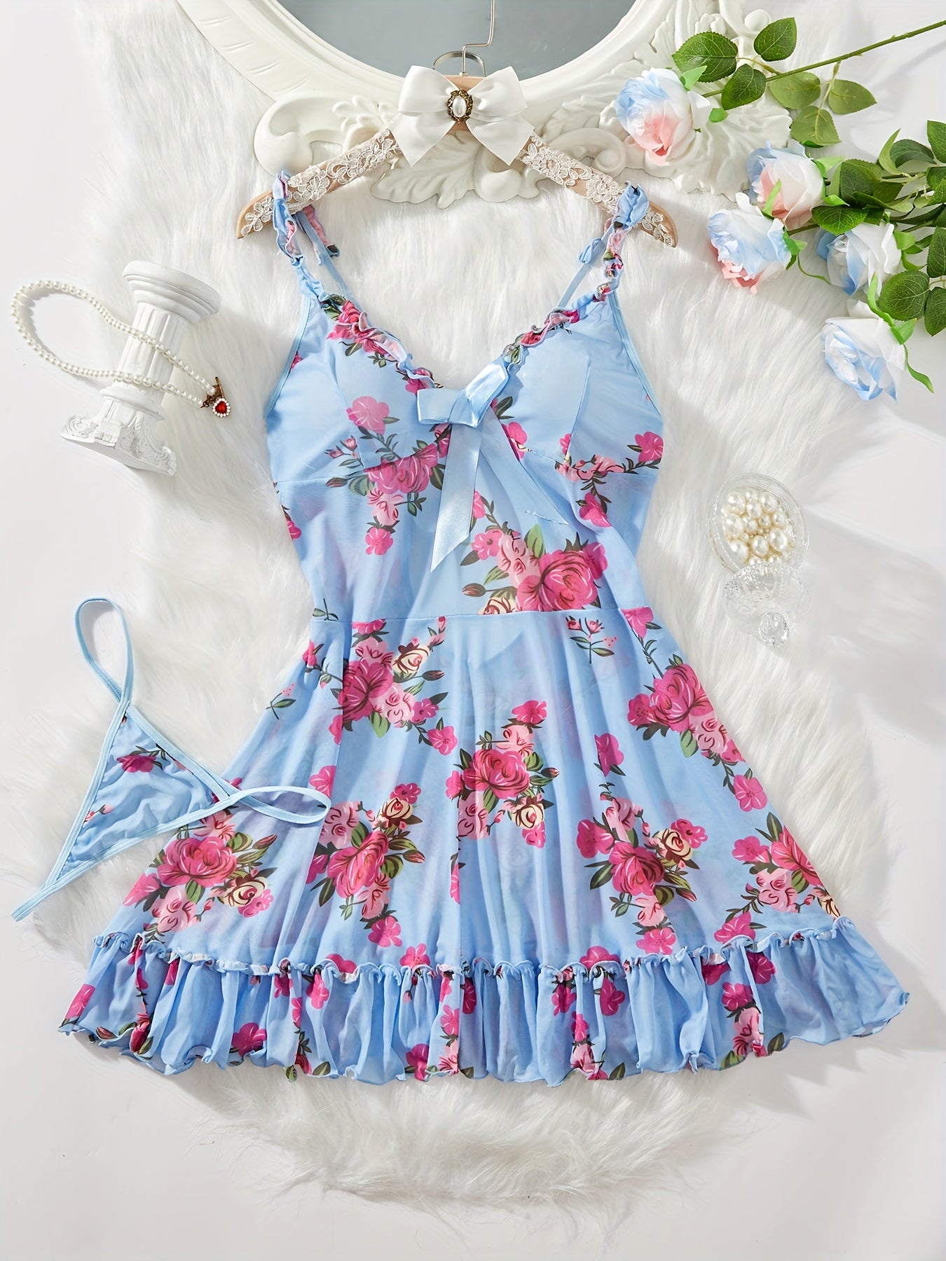 Women's Floral Print Babydoll Dress with Thong Lingerie Set