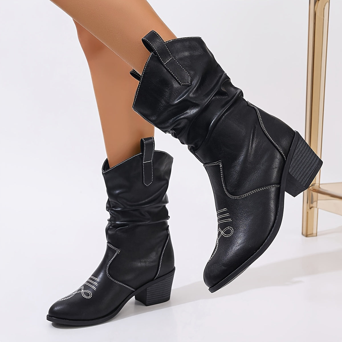 Women's Mid-Calf Leather Western Cowboy Boots With Round Toe and Chunky Heels