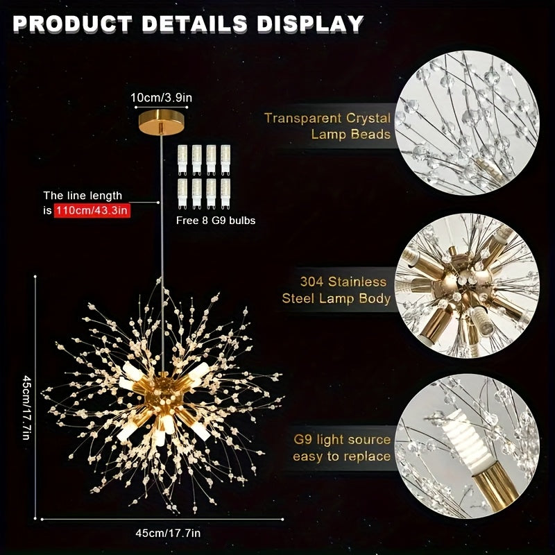 Lámpara de araña moderna de cristal de oro con diente de león y 8 bombillas G9 para sala de estar, comedor y cocina