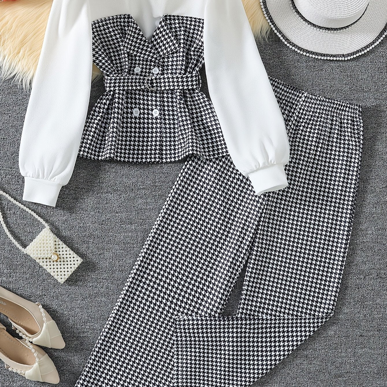 Girls Autumn Winter Korean Style Houndstooth Top and Wide-Leg Pants Set
