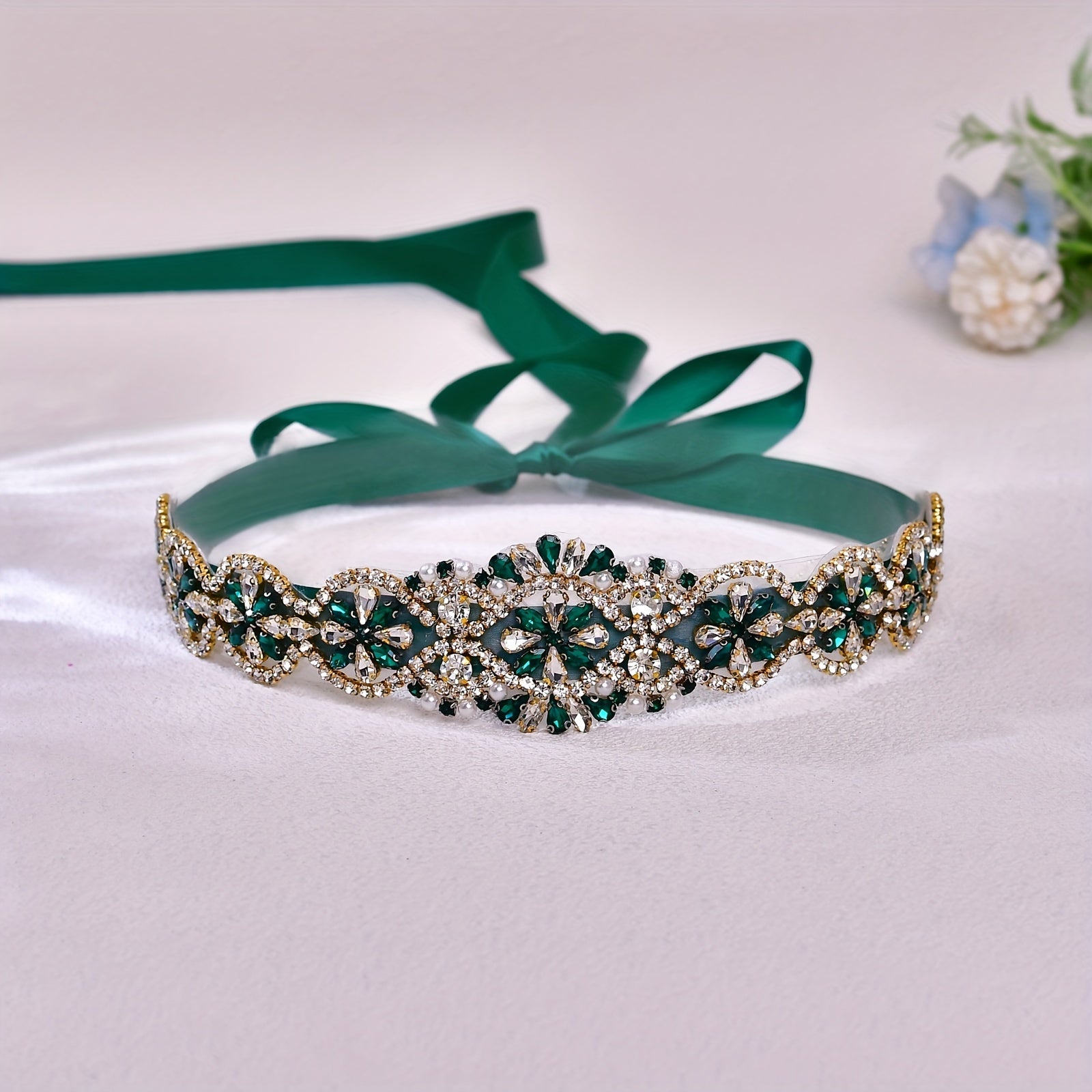 Cinturón de novia con pedrería verde para vestido de novia para eventos formales