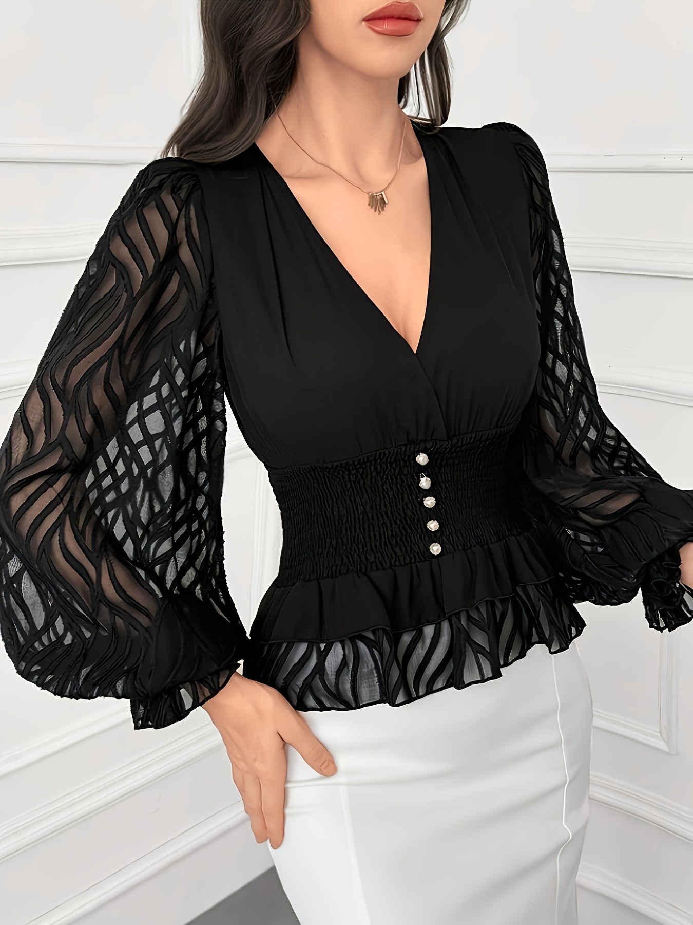 Элегантная блузка с длинными рукавами и V-образным вырезом, с рюшами на талии, однотонная, из полиэстера для женщин.