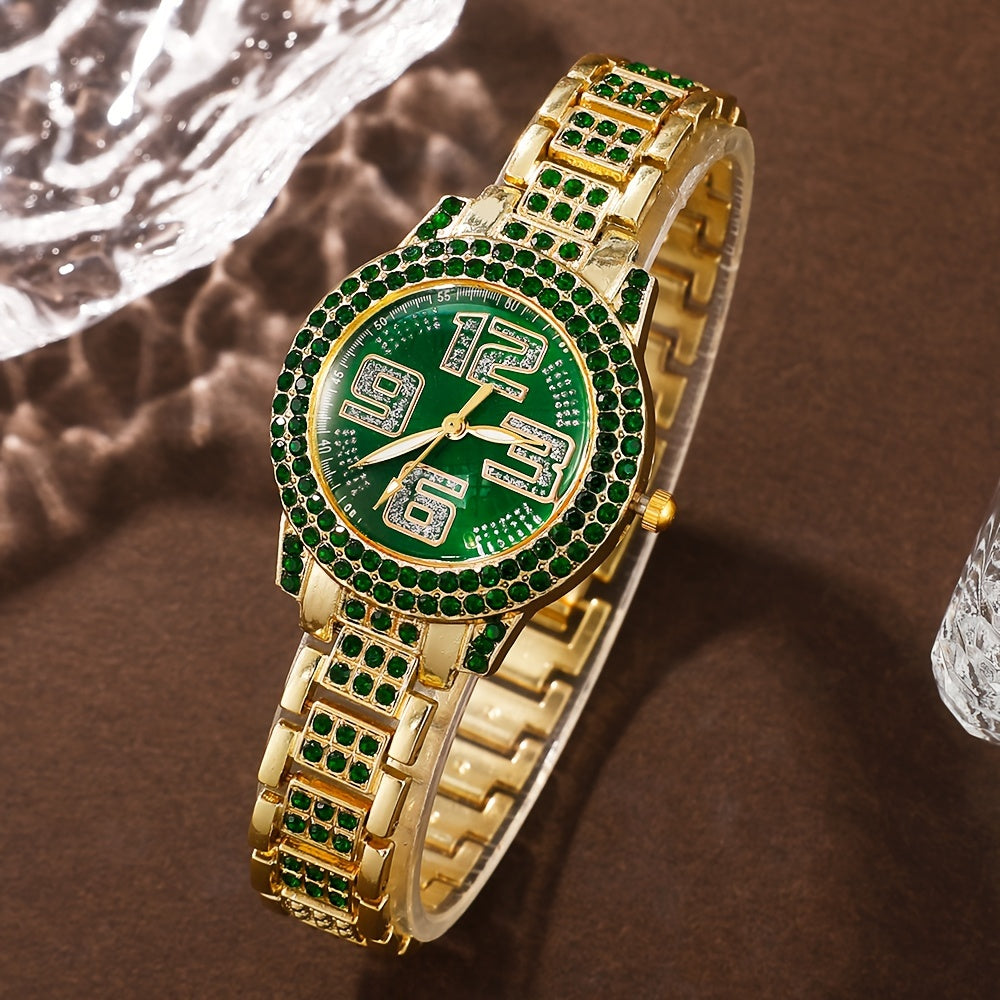 Ayollar modasi soati va zargarlik to'plami, yashil rhinestone, kvarts, an'anaviy, zanjirli taqinchoq, bilaguzuk, sirg'a, uzuk bilan