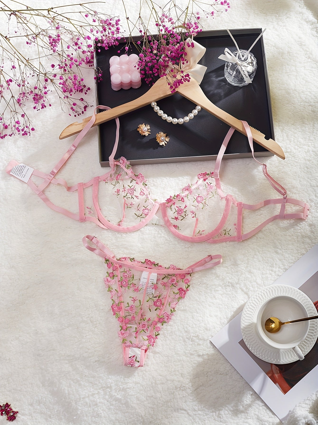 Women's Embroidered Mesh Floral Lingerie Set with Bra and Thong