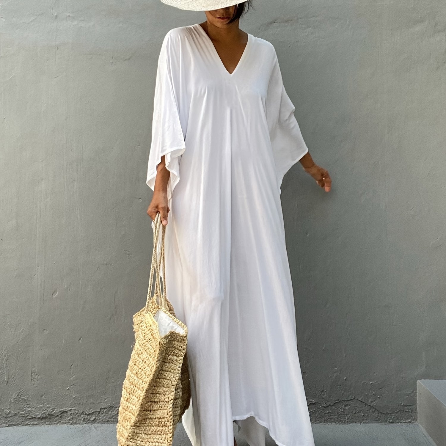 Ayollar uchun Batwing yengli, keng kesimli, zamonaviy plussayz kaftan ko'ylagi, erkin fit maxi robe | Rayon aralashmasi, cho'zilmaydigan mato | Bahor/Yoz/Kuz uchun ideal