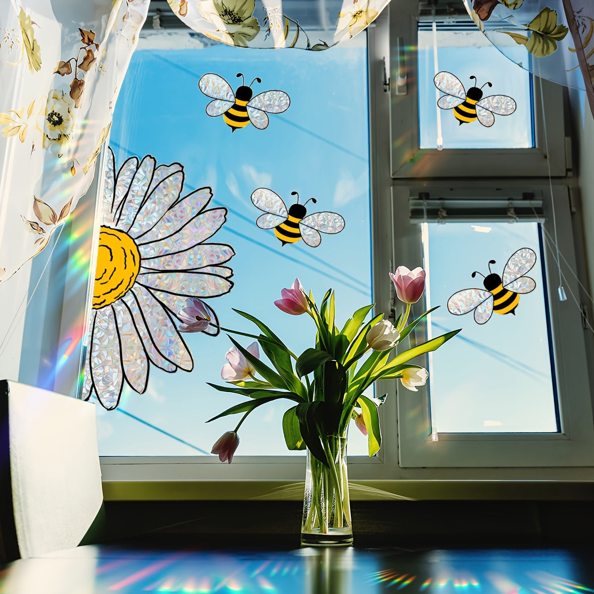Vibrant Bee and Floral Glass Window Decal PVC Sticker Electrostatic Adhesion Wall Decor