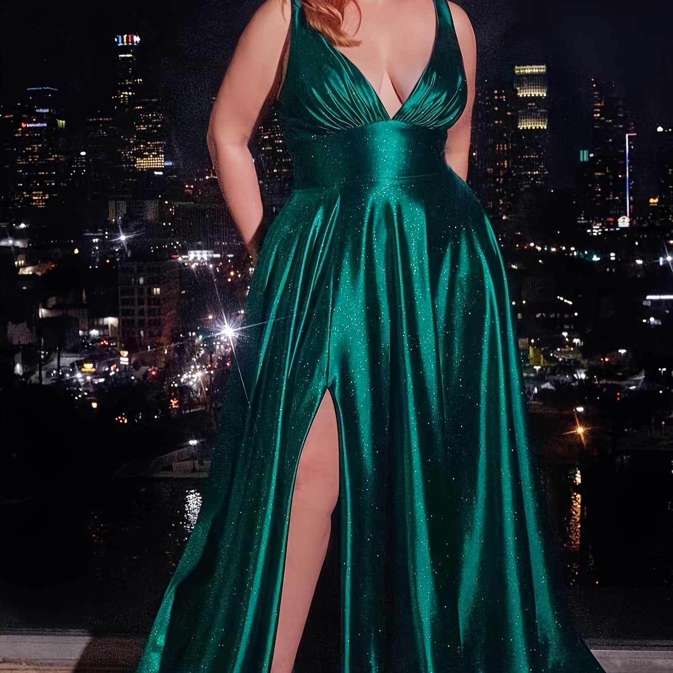 Women's Plus Size Sequin Evening Gown Floor-Length Backless V-Neck Dress