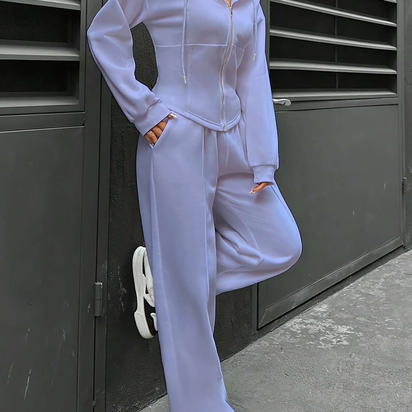 Women's Polyester Tracksuit Set Hooded Drawstring Zipper Solid Color All Seasons