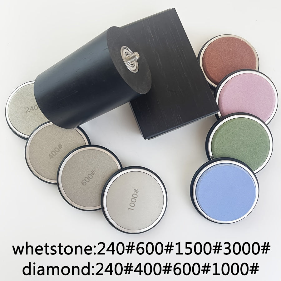 Wooden knife sharpener with diamond sharpening stone, uncharged magnetic rolling system, adjustable angle with rollers, kitchen grinding tool accessory.