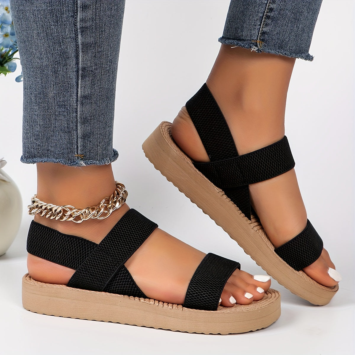 Women's Summer Sandals Beige Fabric Double Strap Open Toe Casual Slides