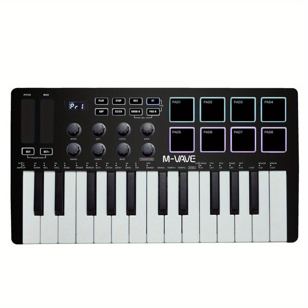 Portable USB MIDI Keyboard with 25 Keys 8 Pads 8 Knobs RGB Backlights